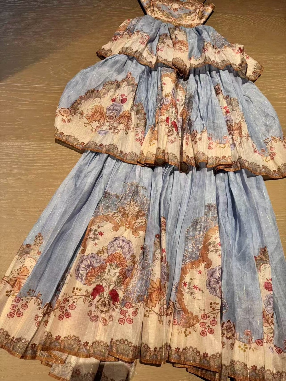 Zimmermann Blue and Cream Tiered Spaghetti-Strap Maxi Dress - Picture 7 of 11